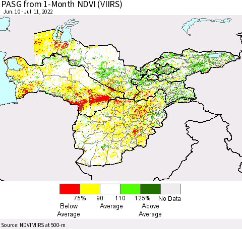 Central Asia PASG from 1-Month NDVI (VIIRS) Thematic Map For 7/4/2022 - 7/11/2022