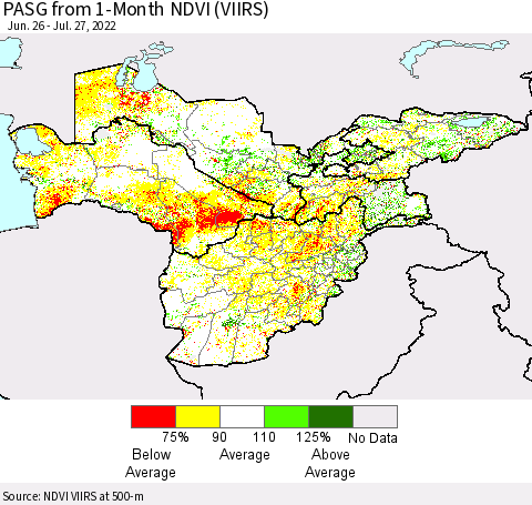 Central Asia PASG from 1-Month NDVI (VIIRS) Thematic Map For 7/20/2022 - 7/27/2022