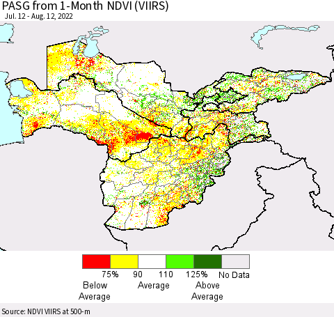 Central Asia PASG from 1-Month NDVI (VIIRS) Thematic Map For 8/5/2022 - 8/12/2022