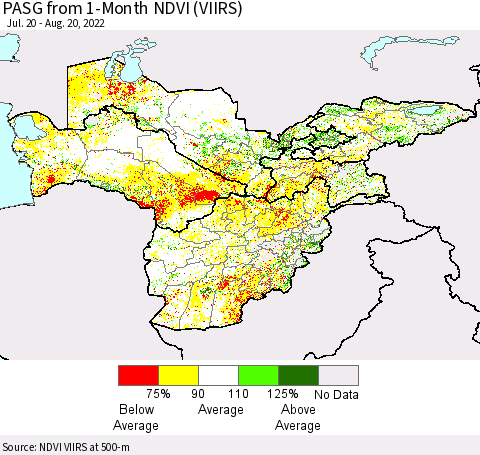 Central Asia PASG from 1-Month NDVI (VIIRS) Thematic Map For 8/13/2022 - 8/20/2022
