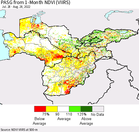 Central Asia PASG from 1-Month NDVI (VIIRS) Thematic Map For 8/21/2022 - 8/28/2022