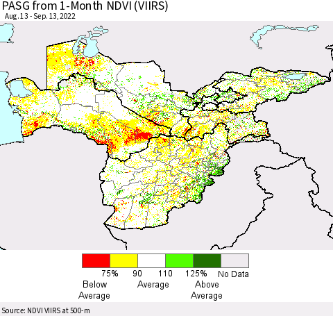 Central Asia PASG from 1-Month NDVI (VIIRS) Thematic Map For 9/6/2022 - 9/13/2022