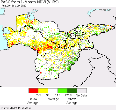 Central Asia PASG from 1-Month NDVI (VIIRS) Thematic Map For 9/22/2022 - 9/29/2022
