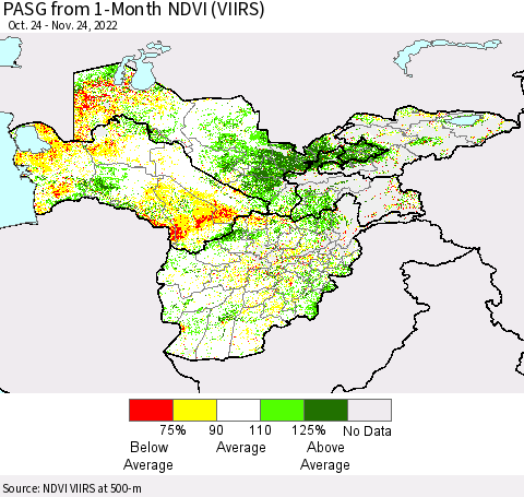 Central Asia PASG from 1-Month NDVI (VIIRS) Thematic Map For 11/17/2022 - 11/24/2022