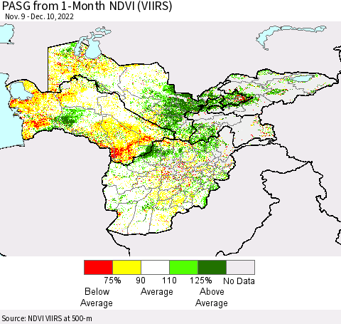 Central Asia PASG from 1-Month NDVI (VIIRS) Thematic Map For 12/3/2022 - 12/10/2022