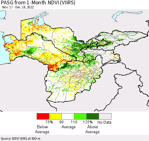 Central Asia PASG from 1-Month NDVI (VIIRS) Thematic Map For 12/11/2022 - 12/18/2022