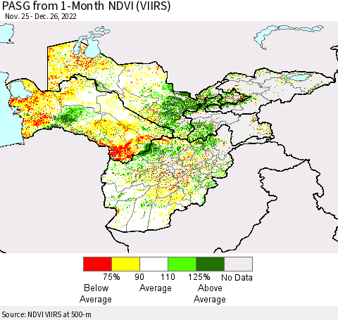 Central Asia PASG from 1-Month NDVI (VIIRS) Thematic Map For 12/19/2022 - 12/26/2022