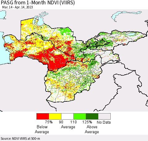 Central Asia PASG from 1-Month NDVI (VIIRS) Thematic Map For 4/7/2023 - 4/14/2023