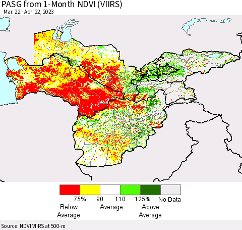 Central Asia PASG from 1-Month NDVI (VIIRS) Thematic Map For 4/15/2023 - 4/22/2023