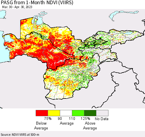 Central Asia PASG from 1-Month NDVI (VIIRS) Thematic Map For 4/23/2023 - 4/30/2023