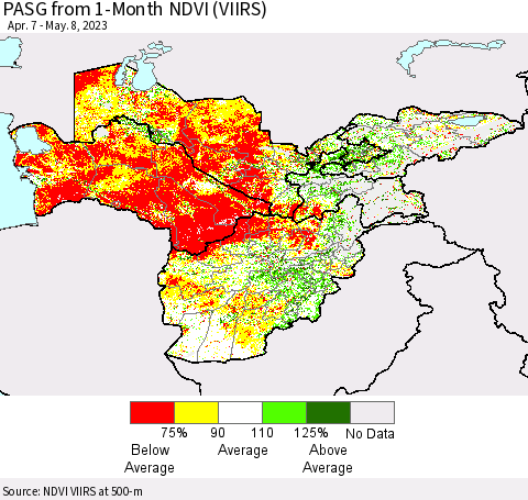 Central Asia PASG from 1-Month NDVI (VIIRS) Thematic Map For 5/1/2023 - 5/8/2023