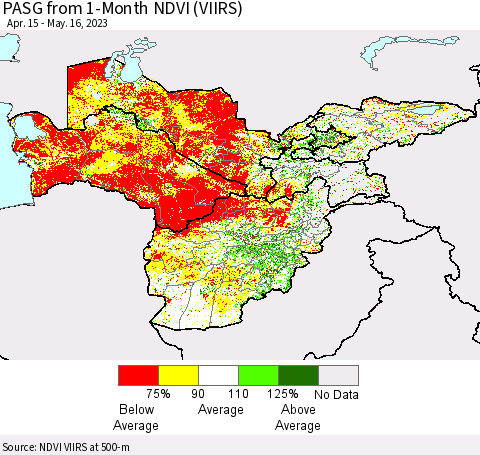 Central Asia PASG from 1-Month NDVI (VIIRS) Thematic Map For 5/9/2023 - 5/16/2023