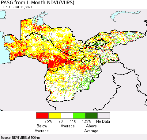 Central Asia PASG from 1-Month NDVI (VIIRS) Thematic Map For 7/4/2023 - 7/11/2023