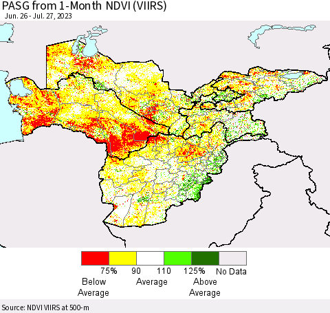 Central Asia PASG from 1-Month NDVI (VIIRS) Thematic Map For 7/20/2023 - 7/27/2023