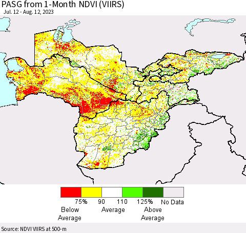 Central Asia PASG from 1-Month NDVI (VIIRS) Thematic Map For 8/5/2023 - 8/12/2023