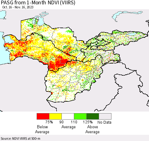 Central Asia PASG from 1-Month NDVI (VIIRS) Thematic Map For 11/9/2023 - 11/16/2023