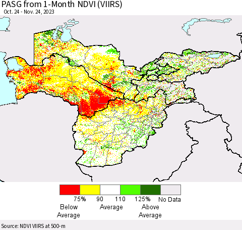 Central Asia PASG from 1-Month NDVI (VIIRS) Thematic Map For 11/17/2023 - 11/24/2023