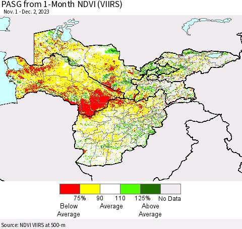 Central Asia PASG from 1-Month NDVI (VIIRS) Thematic Map For 11/25/2023 - 12/2/2023