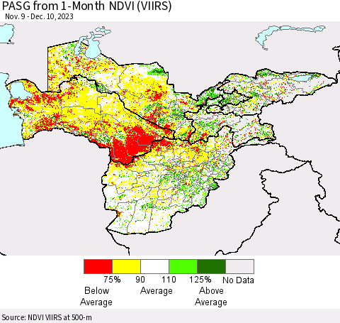 Central Asia PASG from 1-Month NDVI (VIIRS) Thematic Map For 12/3/2023 - 12/10/2023