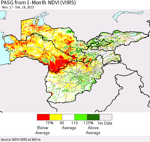 Central Asia PASG from 1-Month NDVI (VIIRS) Thematic Map For 12/11/2023 - 12/18/2023