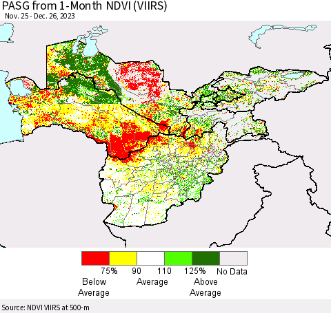 Central Asia PASG from 1-Month NDVI (VIIRS) Thematic Map For 12/19/2023 - 12/26/2023