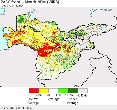 Central Asia PASG from 1-Month NDVI (VIIRS) Thematic Map For 12/27/2023 - 1/3/2024