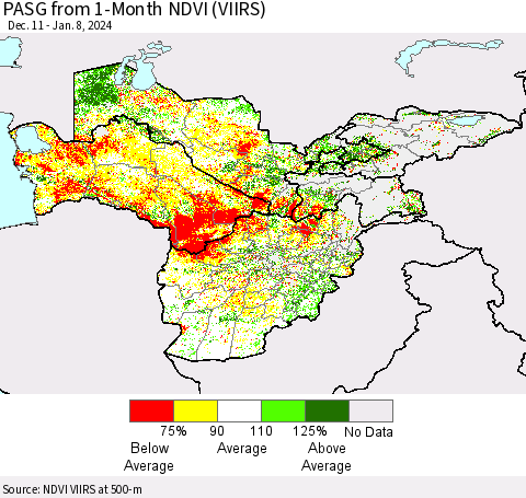 Central Asia PASG from 1-Month NDVI (VIIRS) Thematic Map For 1/1/2024 - 1/8/2024