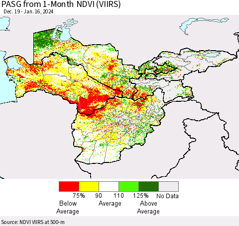 Central Asia PASG from 1-Month NDVI (VIIRS) Thematic Map For 1/9/2024 - 1/16/2024