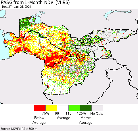 Central Asia PASG from 1-Month NDVI (VIIRS) Thematic Map For 1/17/2024 - 1/24/2024