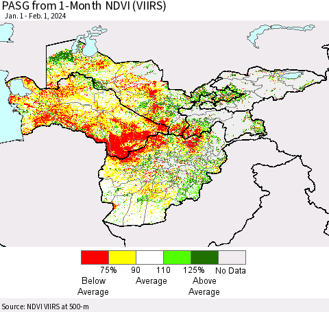 Central Asia PASG from 1-Month NDVI (VIIRS) Thematic Map For 1/25/2024 - 2/1/2024