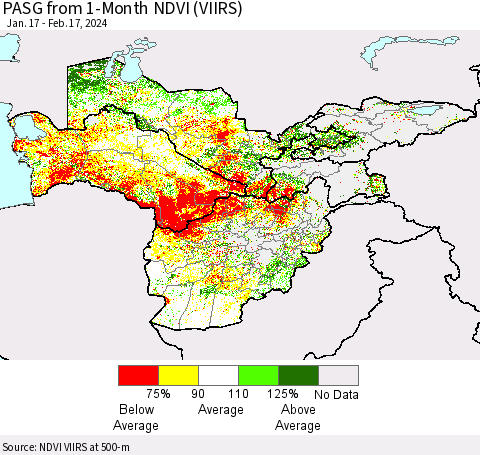 Central Asia PASG from 1-Month NDVI (VIIRS) Thematic Map For 2/10/2024 - 2/17/2024