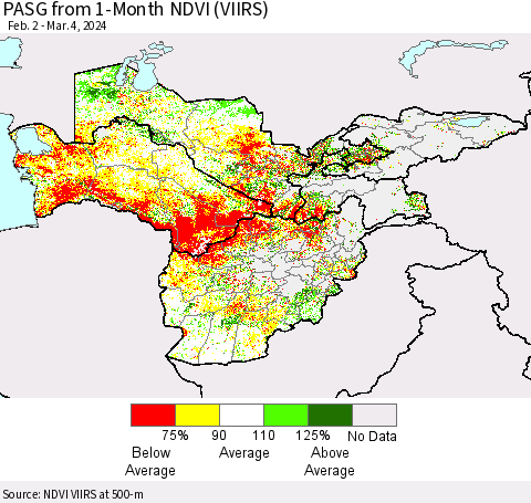 Central Asia PASG from 1-Month NDVI (VIIRS) Thematic Map For 2/26/2024 - 3/4/2024
