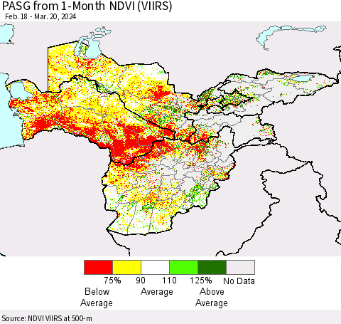 Central Asia PASG from 1-Month NDVI (VIIRS) Thematic Map For 3/13/2024 - 3/20/2024