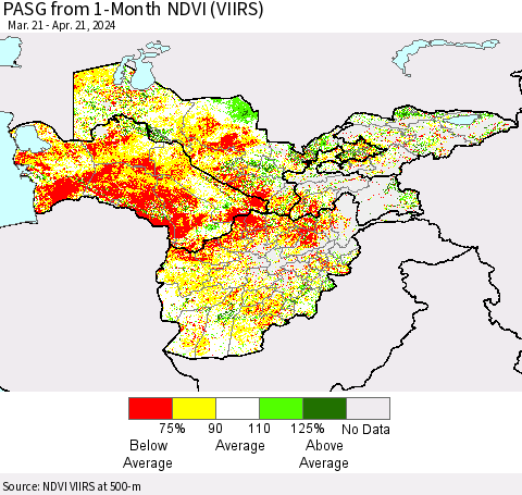 Central Asia PASG from 1-Month NDVI (VIIRS) Thematic Map For 4/14/2024 - 4/21/2024