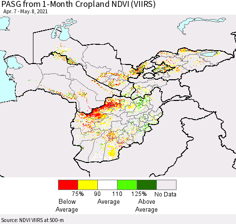 Central Asia PASG from 1-Month Cropland NDVI (VIIRS) Thematic Map For 5/1/2021 - 5/8/2021