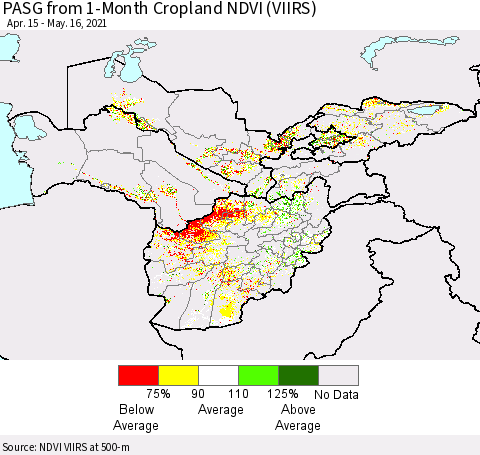 Central Asia PASG from 1-Month Cropland NDVI (VIIRS) Thematic Map For 5/9/2021 - 5/16/2021