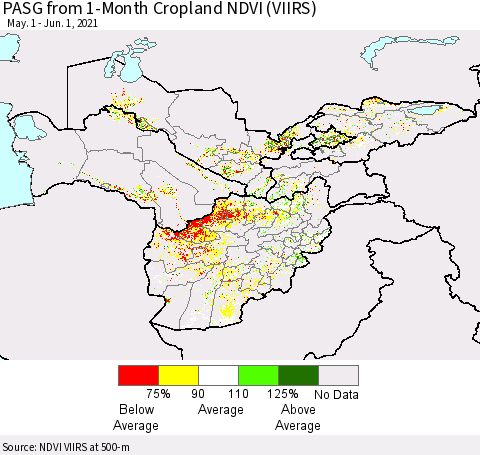 Central Asia PASG from 1-Month Cropland NDVI (VIIRS) Thematic Map For 5/25/2021 - 6/1/2021
