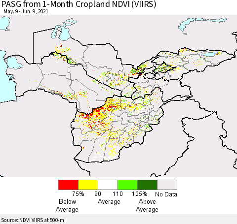 Central Asia PASG from 1-Month Cropland NDVI (VIIRS) Thematic Map For 6/2/2021 - 6/9/2021