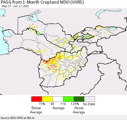 Central Asia PASG from 1-Month Cropland NDVI (VIIRS) Thematic Map For 6/10/2021 - 6/17/2021