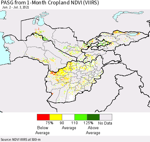 Central Asia PASG from 1-Month Cropland NDVI (VIIRS) Thematic Map For 6/26/2021 - 7/3/2021