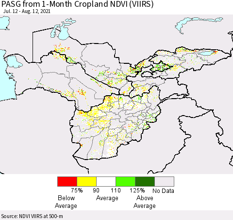 Central Asia PASG from 1-Month Cropland NDVI (VIIRS) Thematic Map For 8/5/2021 - 8/12/2021