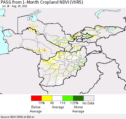 Central Asia PASG from 1-Month Cropland NDVI (VIIRS) Thematic Map For 8/21/2021 - 8/28/2021
