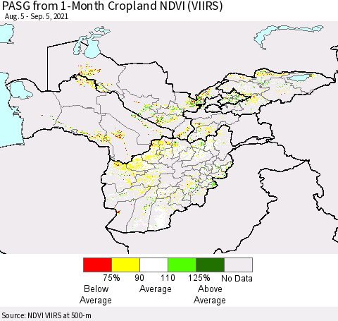 Central Asia PASG from 1-Month Cropland NDVI (VIIRS) Thematic Map For 8/29/2021 - 9/5/2021