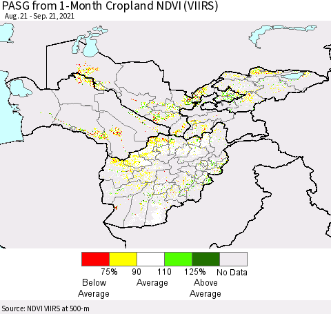 Central Asia PASG from 1-Month Cropland NDVI (VIIRS) Thematic Map For 9/14/2021 - 9/21/2021