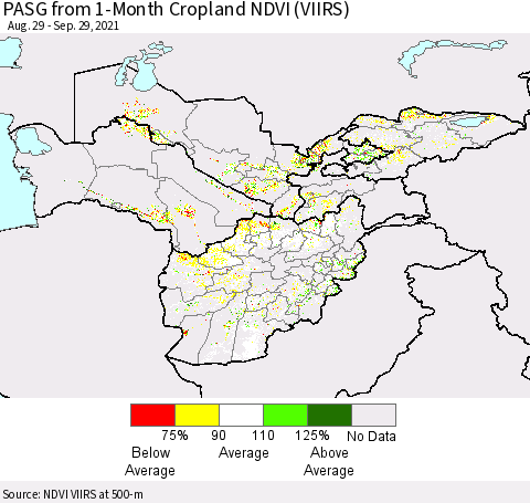 Central Asia PASG from 1-Month Cropland NDVI (VIIRS) Thematic Map For 9/22/2021 - 9/29/2021