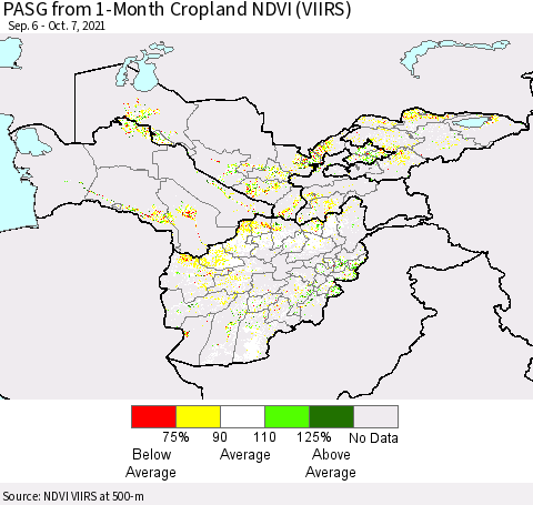 Central Asia PASG from 1-Month Cropland NDVI (VIIRS) Thematic Map For 9/30/2021 - 10/7/2021