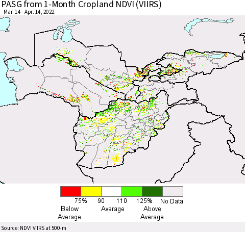 Central Asia PASG from 1-Month Cropland NDVI (VIIRS) Thematic Map For 4/7/2022 - 4/14/2022