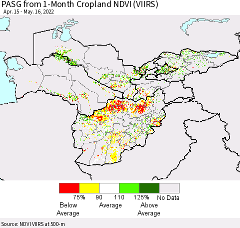 Central Asia PASG from 1-Month Cropland NDVI (VIIRS) Thematic Map For 5/9/2022 - 5/16/2022