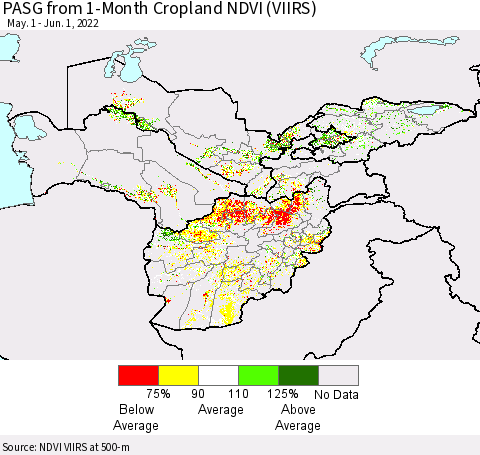 Central Asia PASG from 1-Month Cropland NDVI (VIIRS) Thematic Map For 5/25/2022 - 6/1/2022