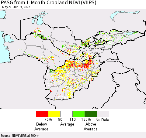 Central Asia PASG from 1-Month Cropland NDVI (VIIRS) Thematic Map For 6/2/2022 - 6/9/2022